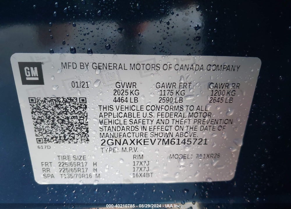 2021 CHEVROLET EQUINOX FWD LT VIN: 2GNAXKEV7M6145721