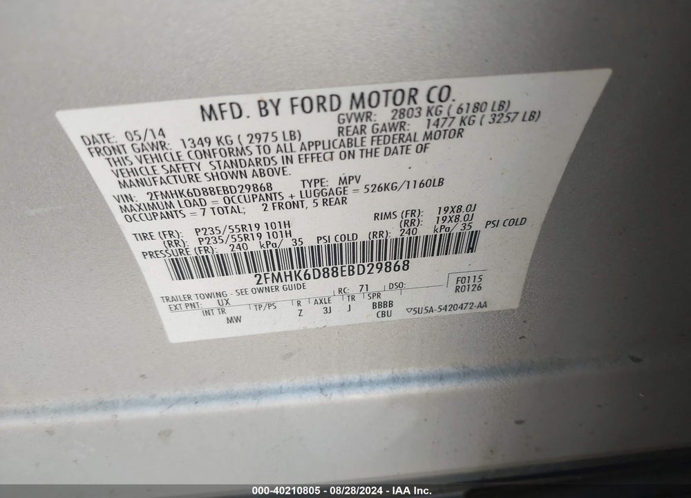 2014 FORD FLEX LIMITED VIN: 2FMHK6D88EBD29868