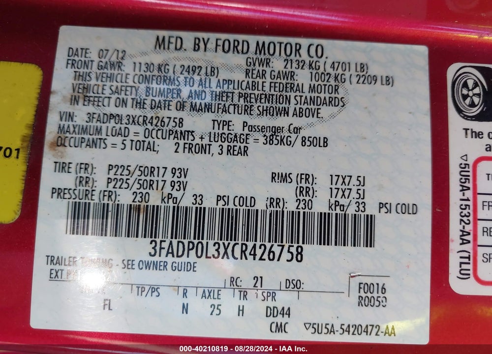 2012 FORD FUSION HYBRID VIN: 3FADP0L3XCR426758