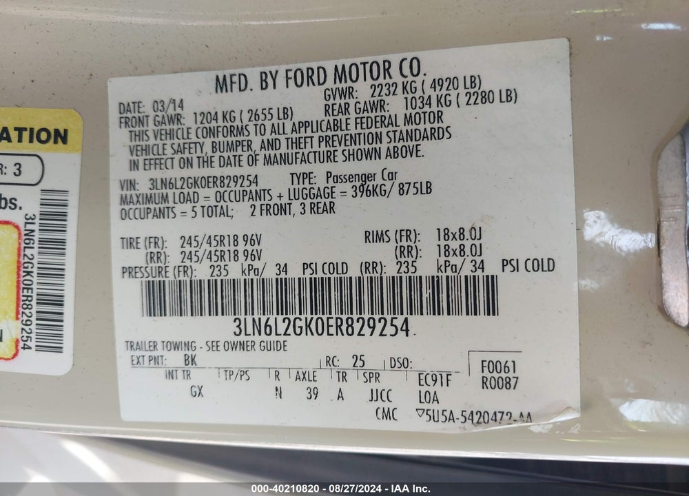 2014 LINCOLN MKZ VIN: 3LN6L2GK0ER829254
