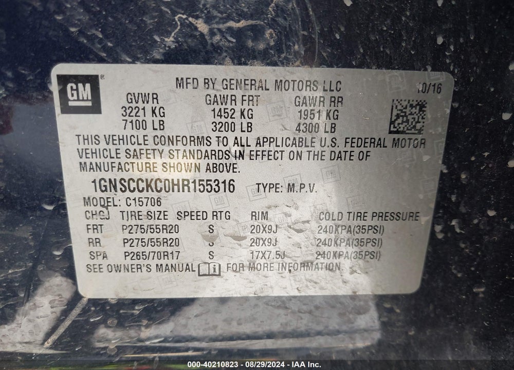 2017 CHEVROLET TAHOE PREMIER VIN: 1GNSCCKC0HR155316
