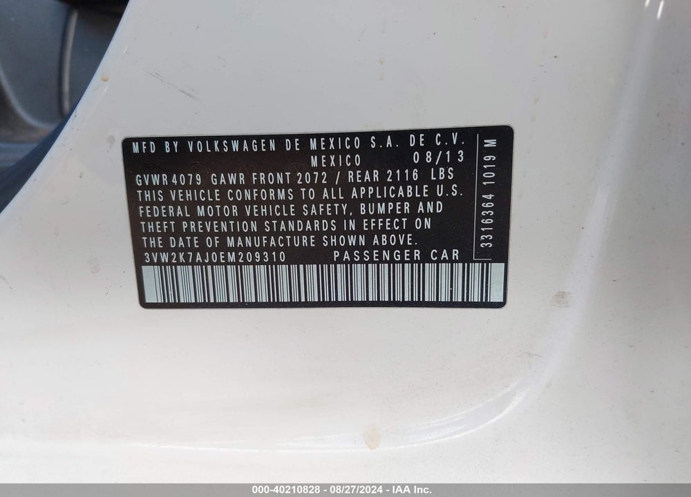 2014 VOLKSWAGEN JETTA 2.0L S VIN: 3VW2K7AJ0EM209310