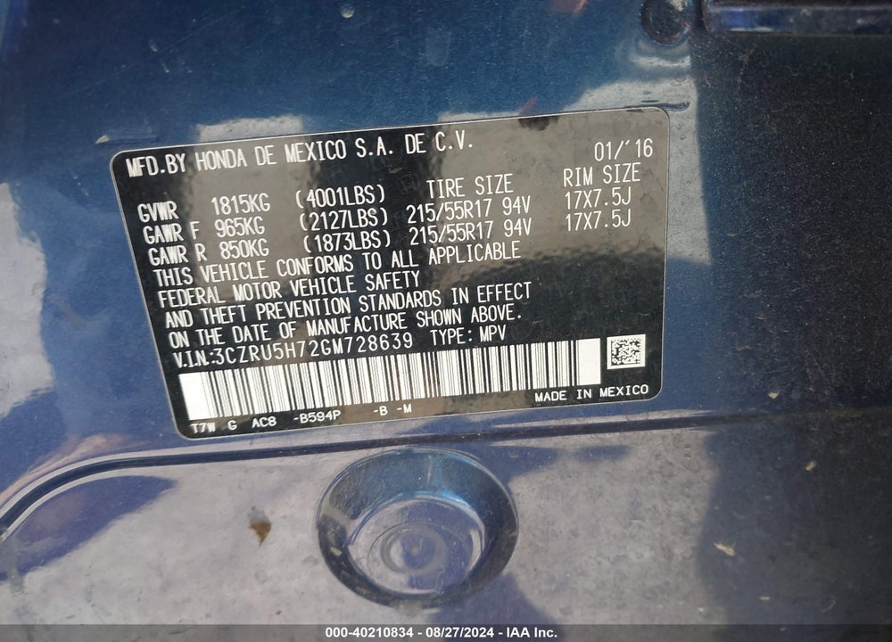 2016 HONDA HR-V VIN: 3CZRU5H72GM728639