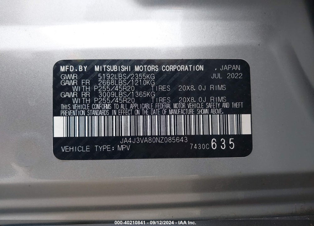 2022 MITSUBISHI OUTLANDER SEL 2.5 2WD/SEL SPECIAL EDITION 2WD VIN: JA4J3VA80NZ085643