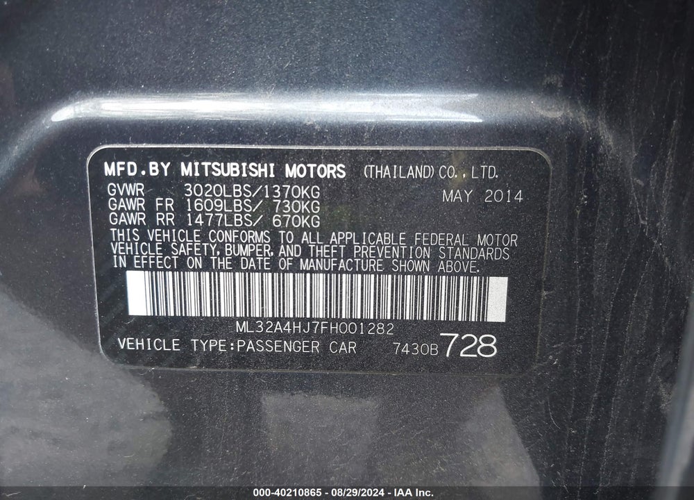 2015 MITSUBISHI MIRAGE ES/RF VIN: ML32A4HJ7FH001282