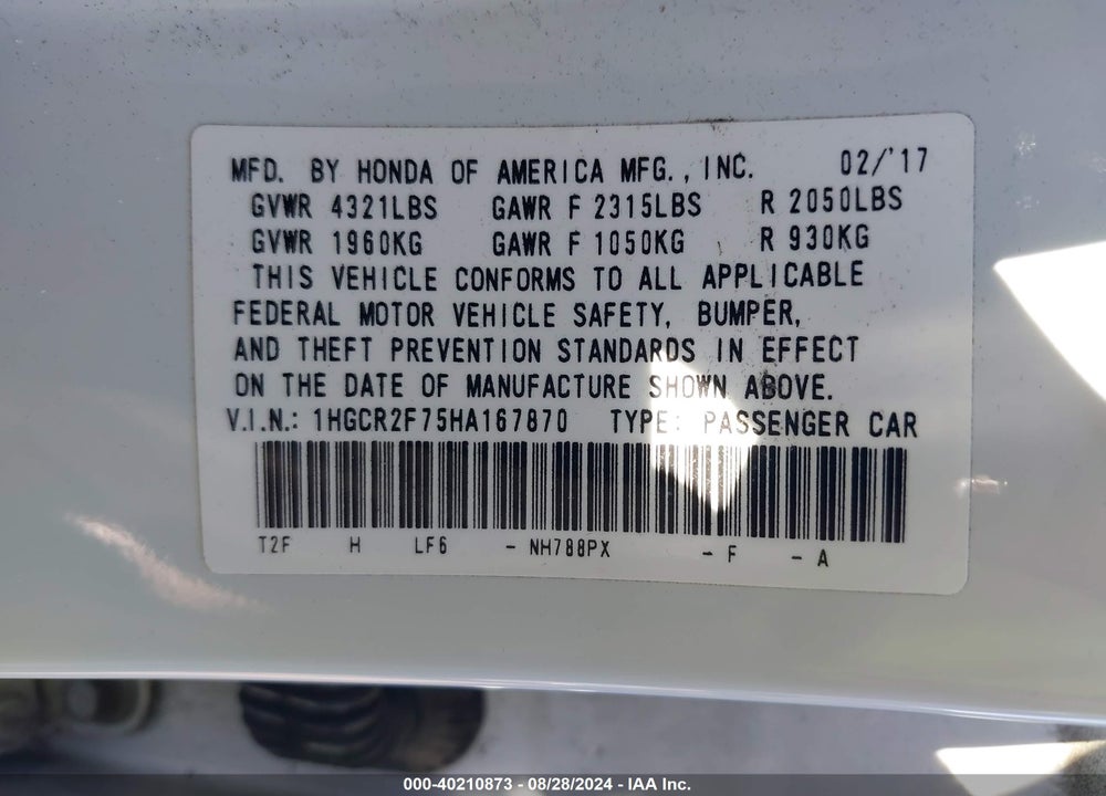 2017 HONDA ACCORD EX VIN: 1HGCR2F75HA167870
