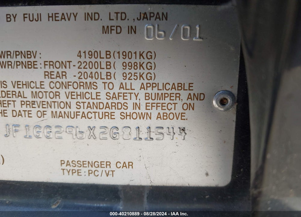 2002 SUBARU IMPREZA WRX VIN: JF1GG296X2G811544