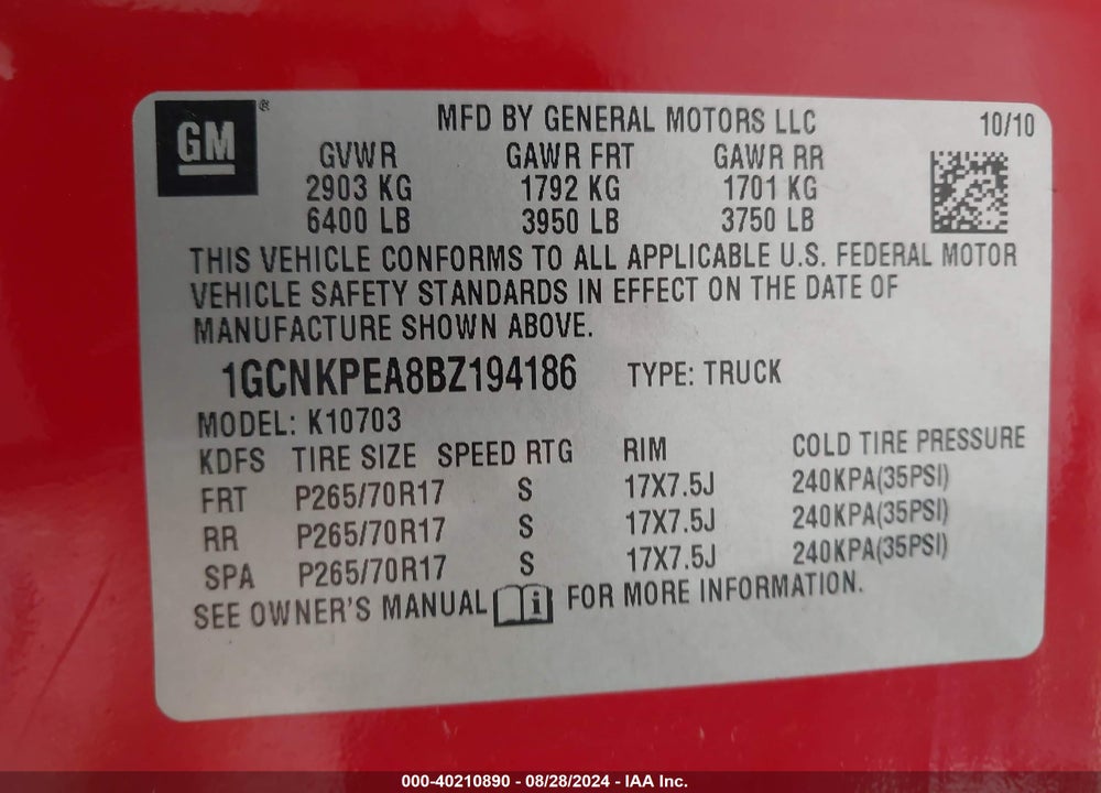 2011 CHEVROLET SILVERADO 1500 WORK TRUCK VIN: 1GCNKPEA8BZ194186