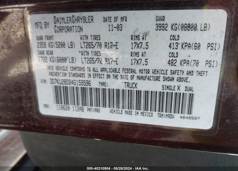 2004 DODGE RAM 2500 SLT/LARAMIE VIN: 3D7KU28D84G159596