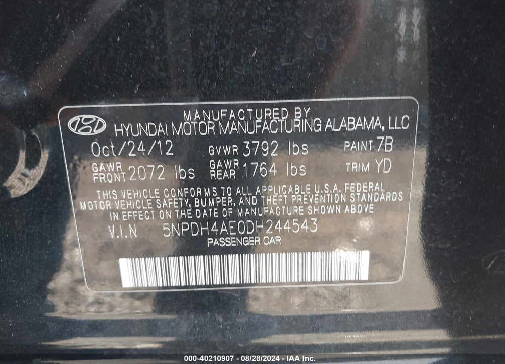 2013 HYUNDAI ELANTRA GLS VIN: 5NPDH4AE0DH244543