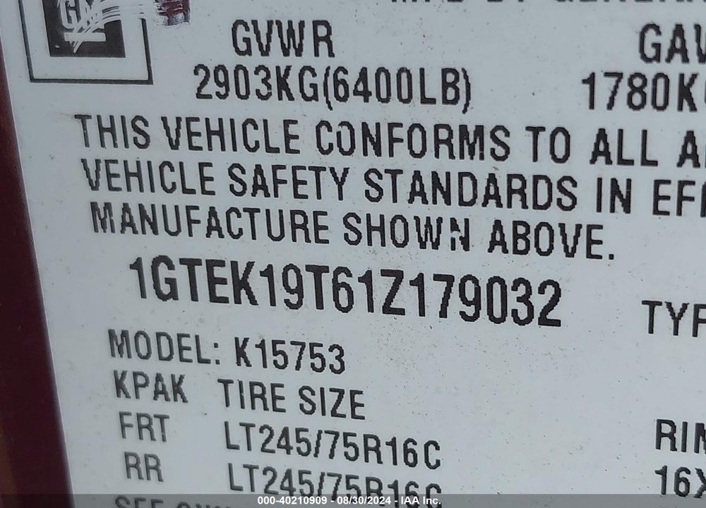 2001 GMC SIERRA 1500 SLE VIN: 1GTEK19T61Z179032