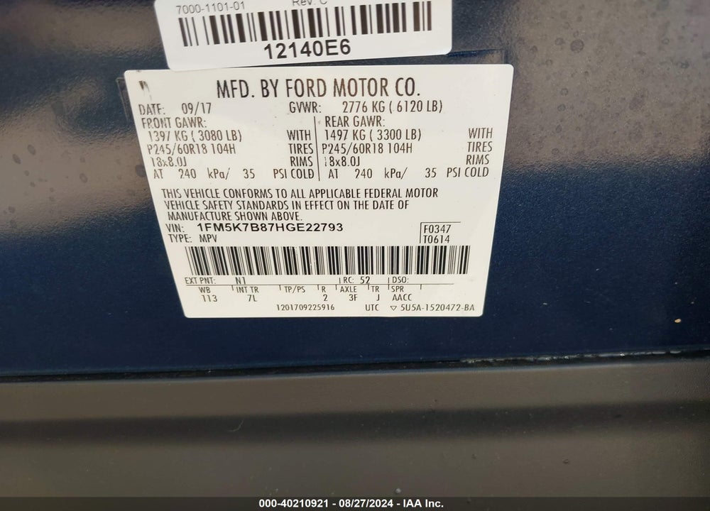 2017 FORD EXPLORER VIN: 1FM5K7B87HGE22793