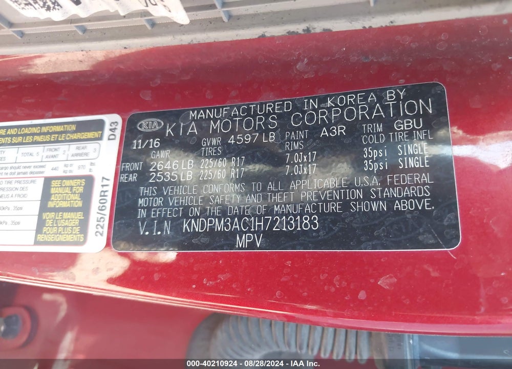 2017 KIA SPORTAGE LX VIN: KNDPM3AC1H7213183