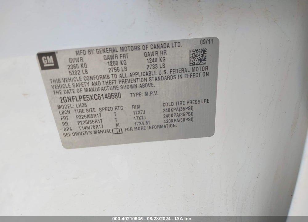 2012 CHEVROLET EQUINOX 2LT VIN: 2GNFLPE5XC6149680