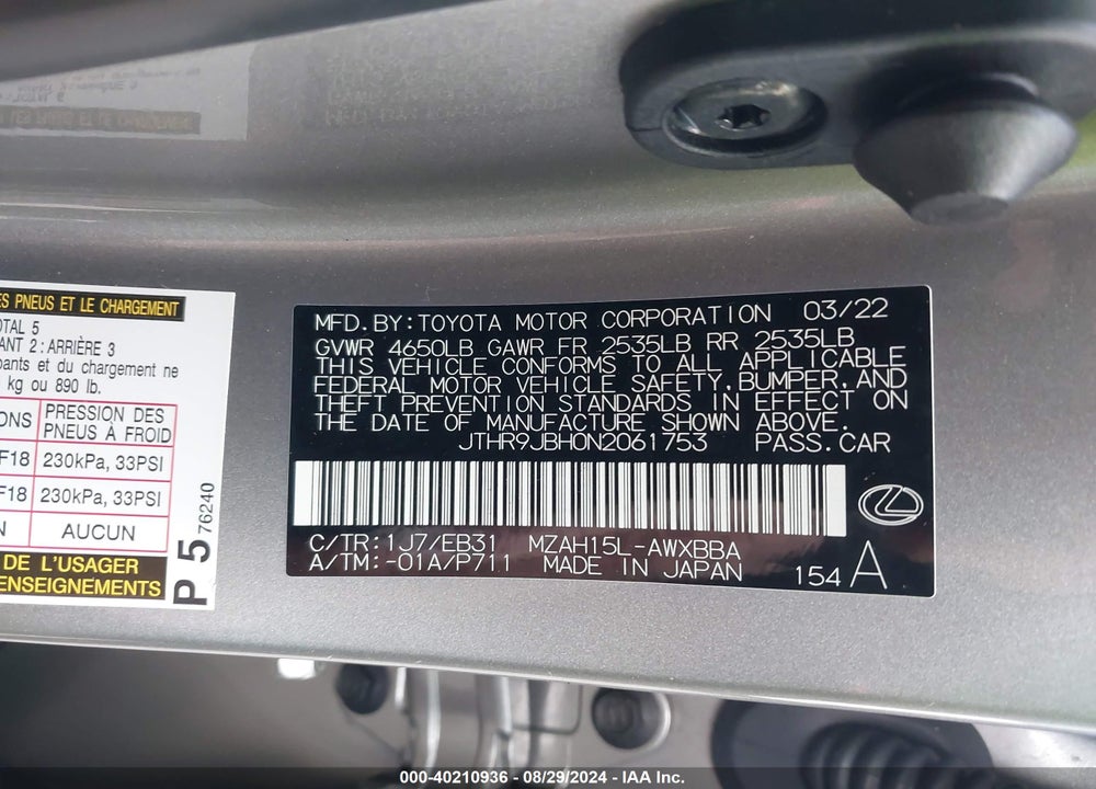2022 LEXUS UX 250H F SPORT VIN: JTHR9JBH0N2061753