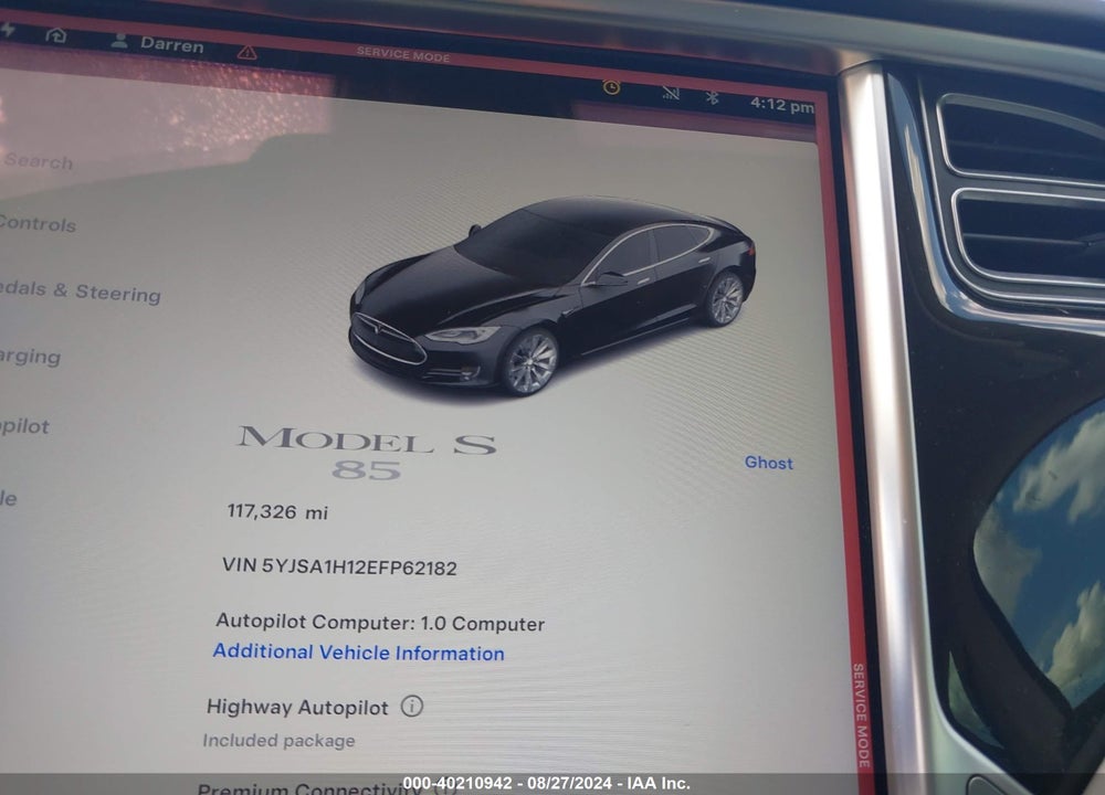 2014 TESLA MODEL S P85 VIN: 5YJSA1H12EFP62182