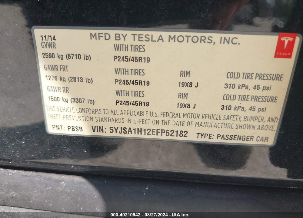 2014 TESLA MODEL S P85 VIN: 5YJSA1H12EFP62182