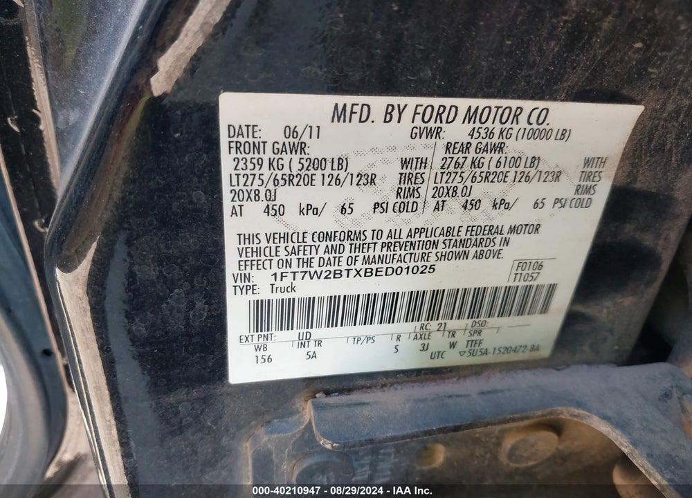 2011 FORD F-250 LARIAT VIN: 1FT7W2BTXBED01025