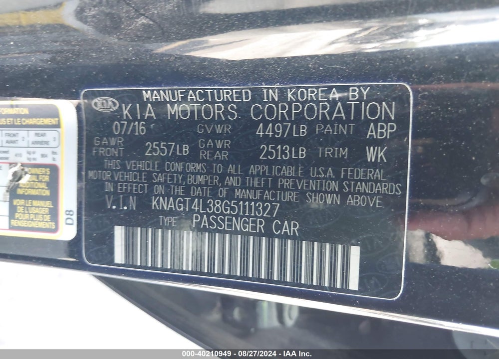 2016 KIA OPTIMA LX VIN: KNAGT4L38G5111327