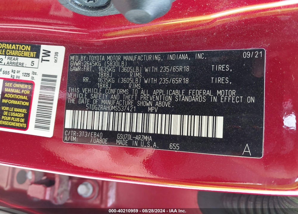 2021 TOYOTA HIGHLANDER XLE VIN: 5TDGZRAH0MS537421