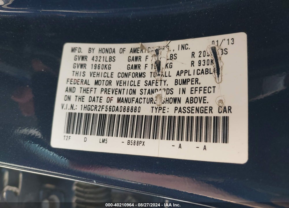 2013 HONDA ACCORD SPORT VIN: 1HGCR2F56DA088880