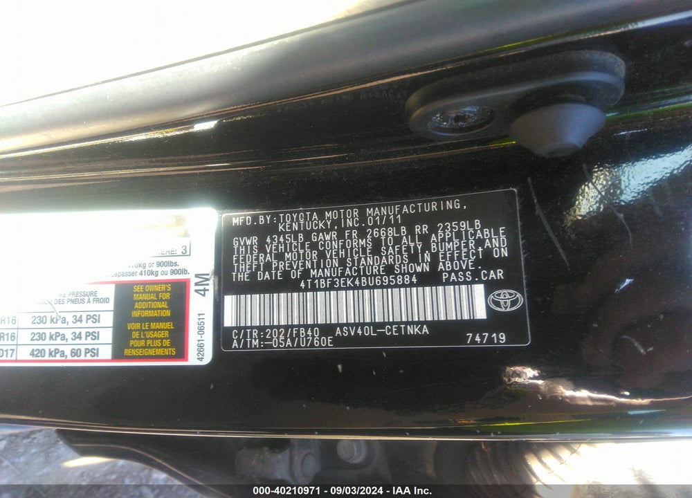 2011 TOYOTA CAMRY LE VIN: 4T1BF3EK4BU695884