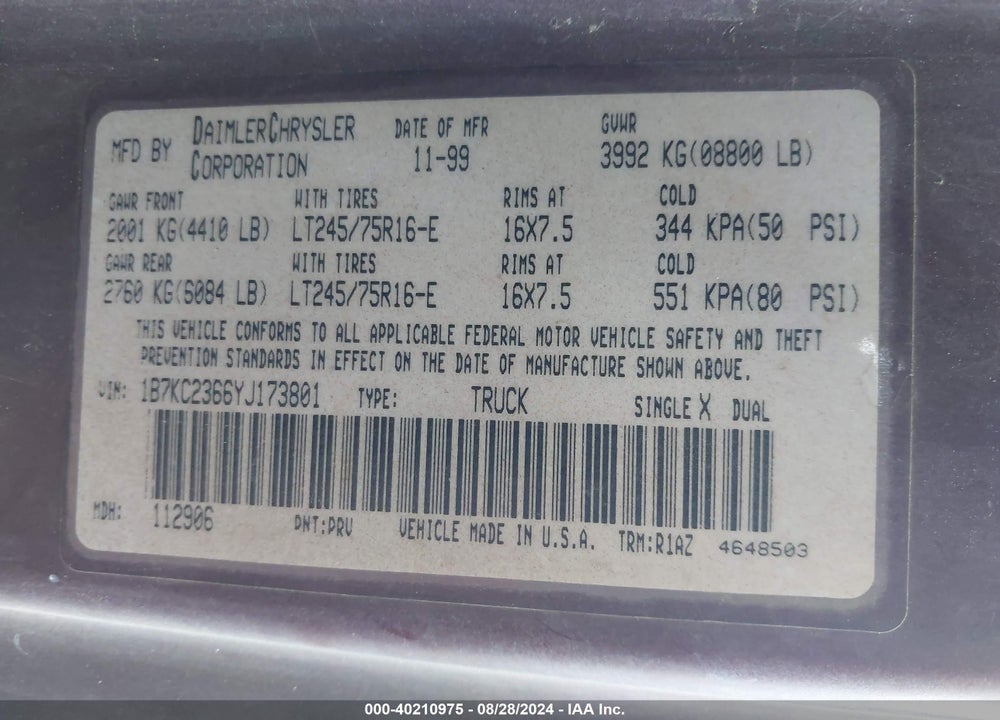 2000 DODGE RAM 2500 ST VIN: 1B7KC2366YJ173801
