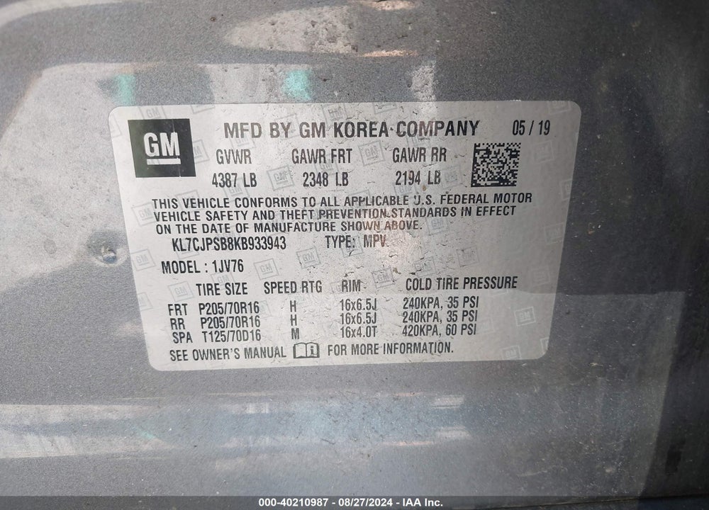 2019 CHEVROLET TRAX VIN: KL7CJPSB8KB933943