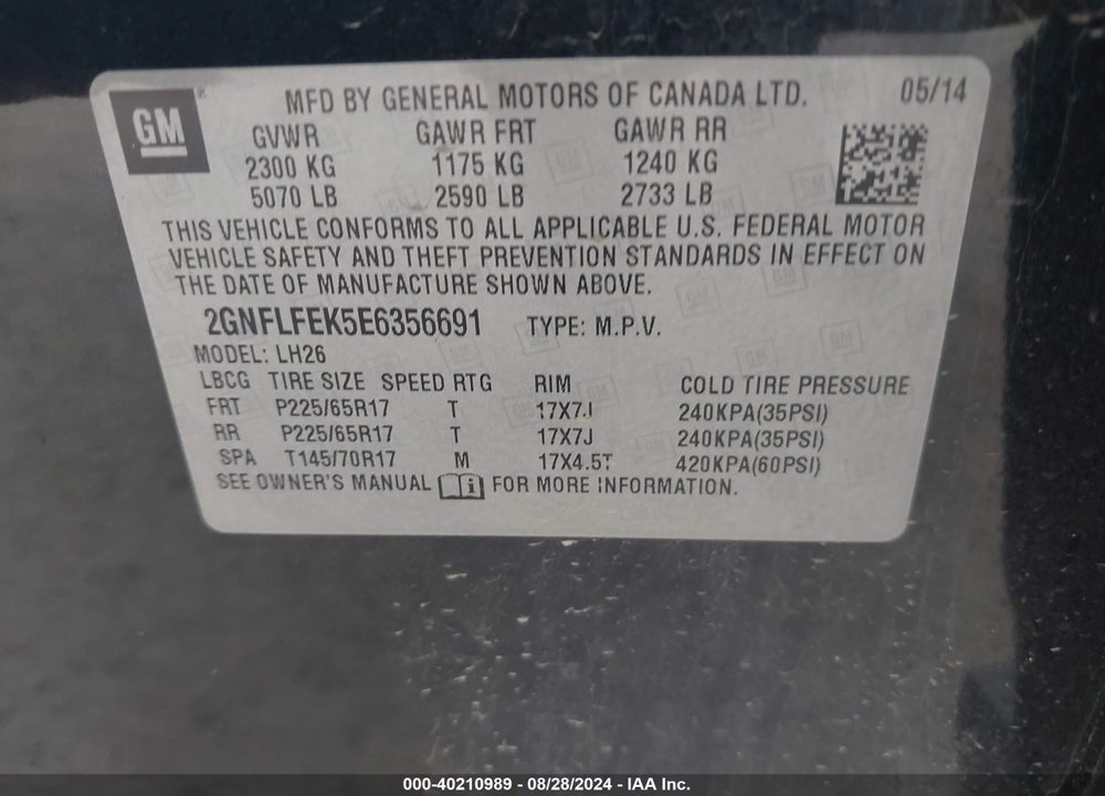 2014 CHEVROLET EQUINOX 1LT VIN: 2GNFLFEK5E6356691