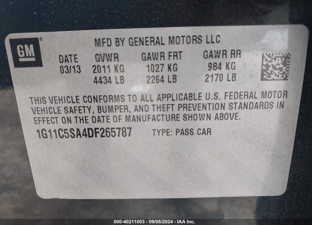 2013 CHEVROLET MALIBU 1LT VIN: 1G11C5SA4DF265787