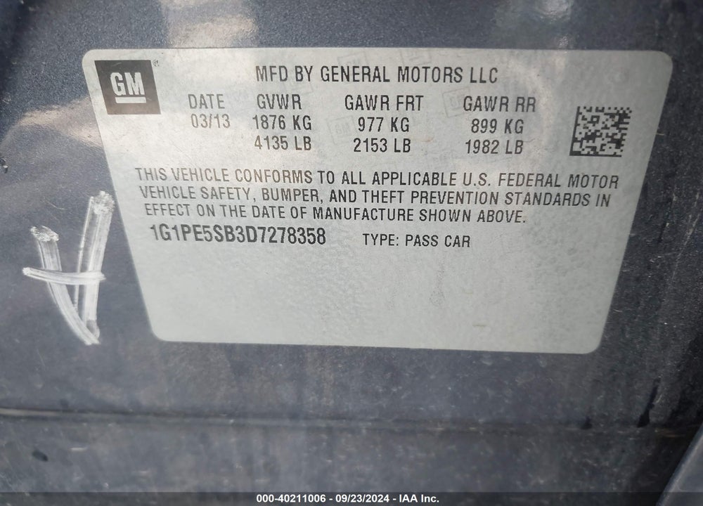 2013 CHEVROLET CRUZE VIN: 1G1PE5SB3D7278358