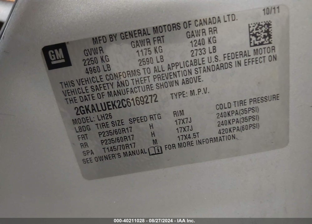 2012 GMC TERRAIN SLT-1 VIN: 2GKALUEK2C6169272