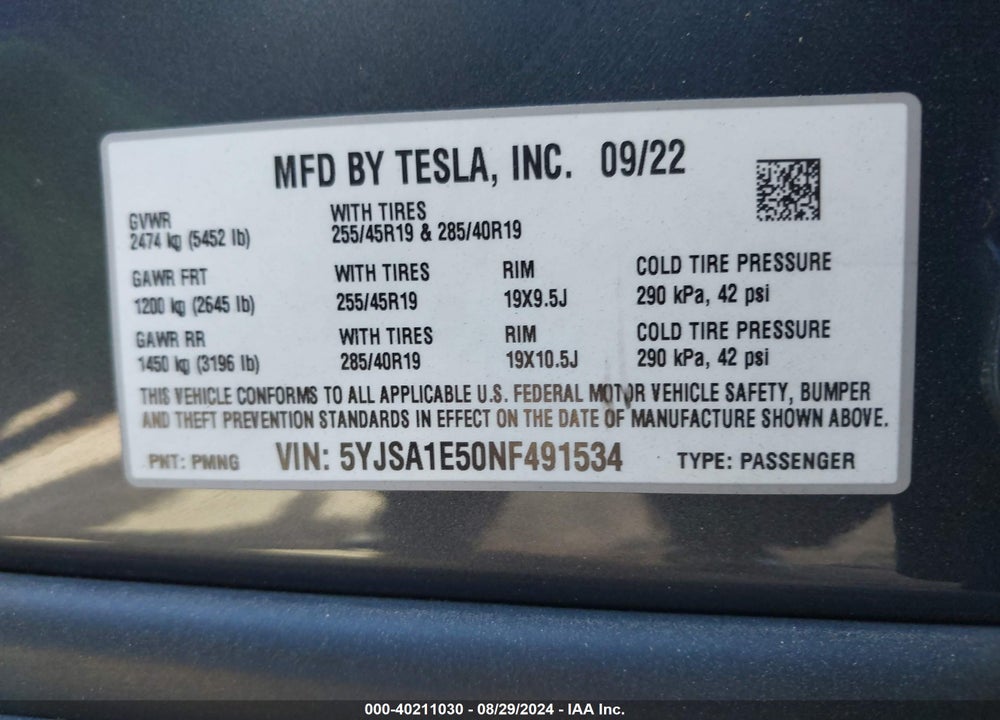 2022 TESLA MODEL S VIN: 5YJSA1E50NF491534