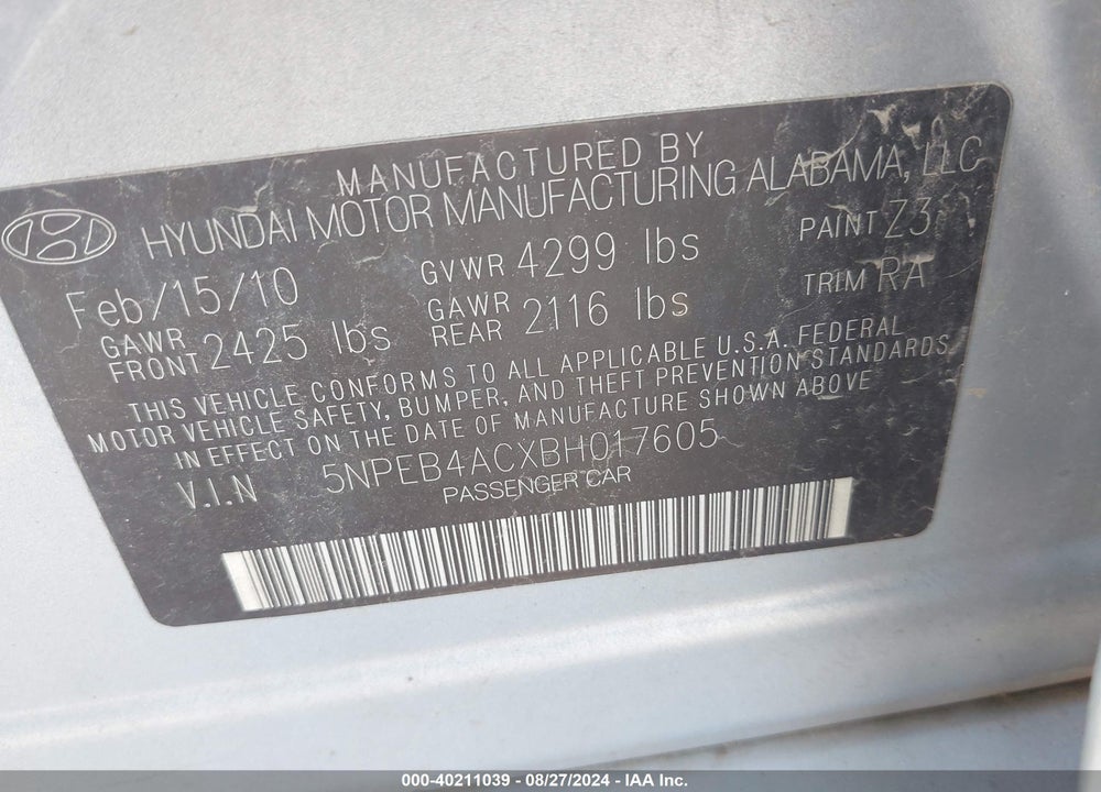 2011 HYUNDAI SONATA GLS VIN: 5NPEB4ACXBH017605