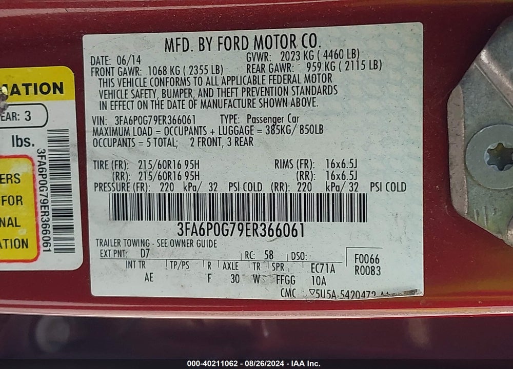 2014 FORD FUSION S VIN: 3FA6P0G79ER366061