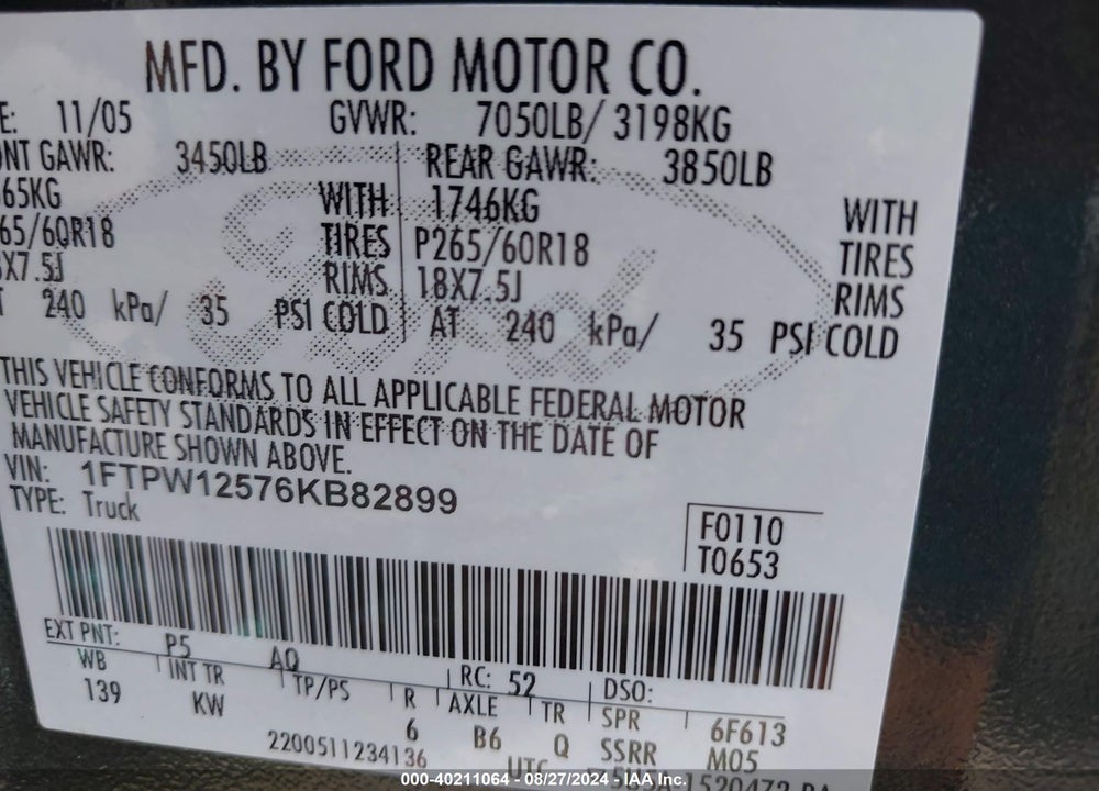 2006 FORD F-150 LARIAT/XLT VIN: 1FTPW12576KB82899