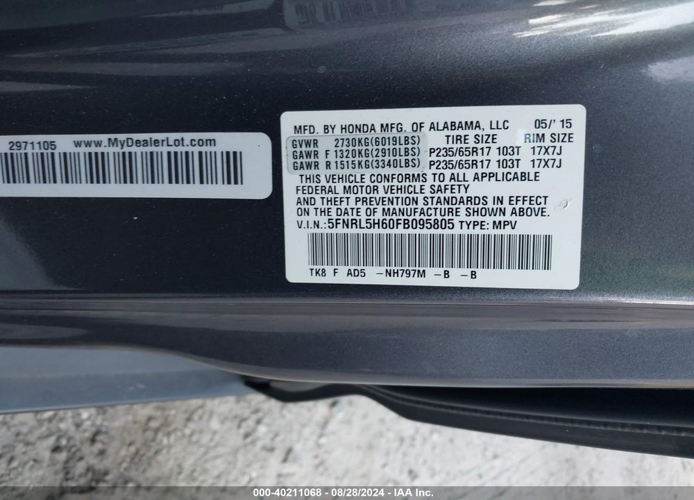2015 HONDA ODYSSEY EX-L VIN: 5FNRL5H60FB095805