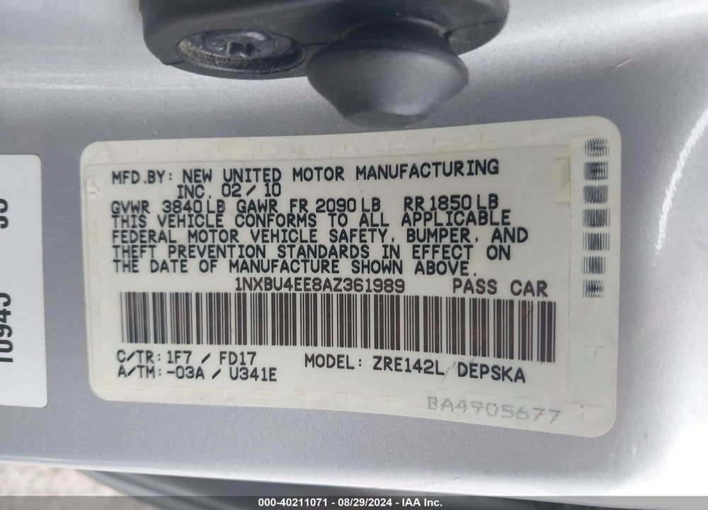 2010 TOYOTA COROLLA S VIN: 1NXBU4EE8AZ361989