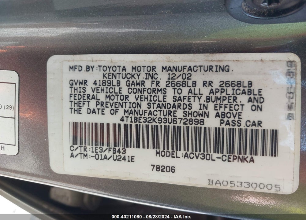 2003 TOYOTA CAMRY LE VIN: 4T1BE32K93U672898