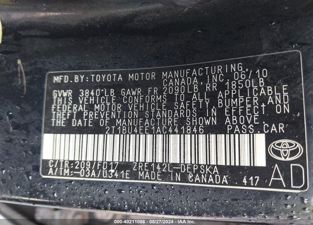 2010 TOYOTA COROLLA S VIN: 2T1BU4EE1AC441846