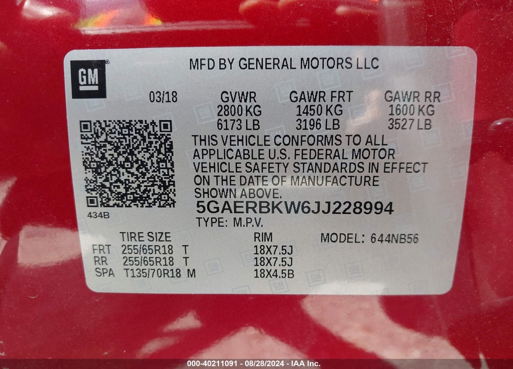 2018 BUICK ENCLAVE ESSENCE VIN: 5GAERBKW6JJ228994