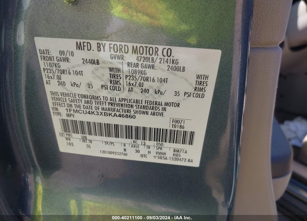2011 FORD ESCAPE HYBRID VIN: 1FMCU4K3XBKA46860