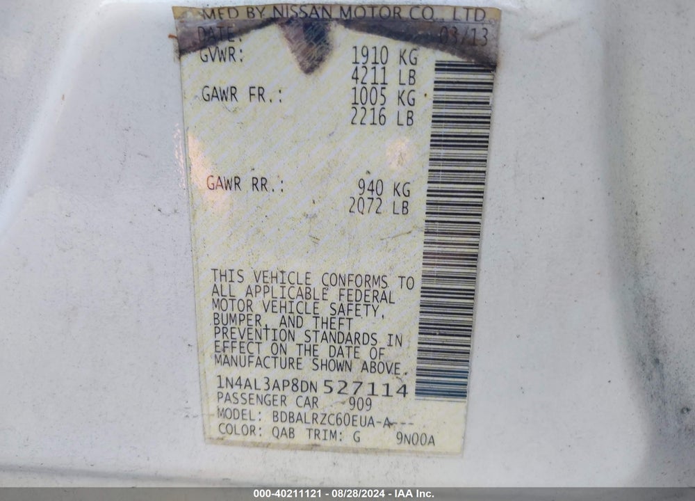 2013 NISSAN ALTIMA 2.5 S VIN: 1N4AL3AP8DN527114