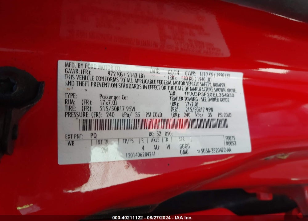 2014 FORD FOCUS SE VIN: 1FADP3F20EL354930