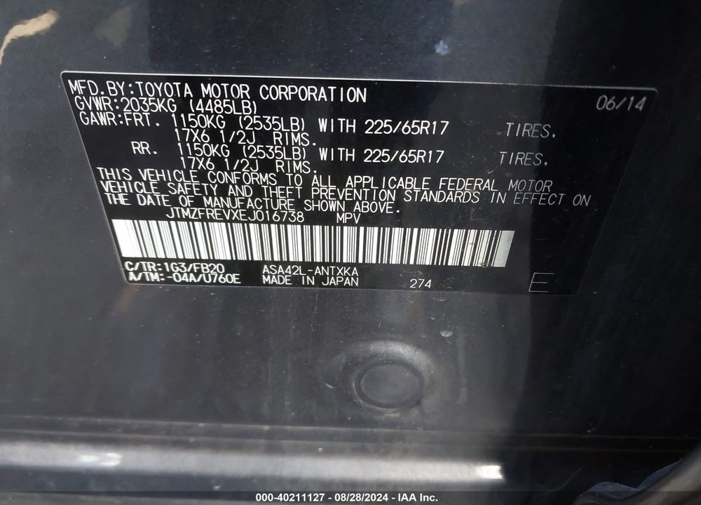 2014 TOYOTA RAV4 VIN: JTMZFREVXEJ016738