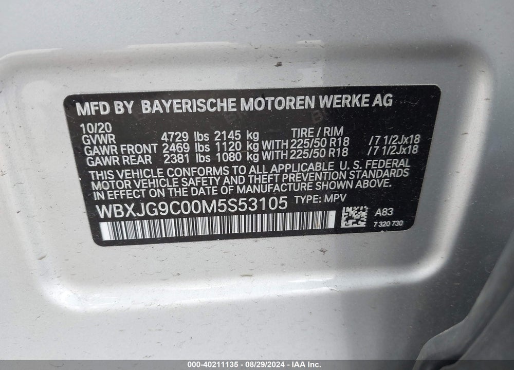 2021 BMW X1 XDRIVE28I VIN: WBXJG9C00M5S53105