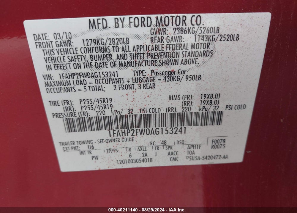 2010 FORD TAURUS VIN: 1FAHP2FW0AG153241