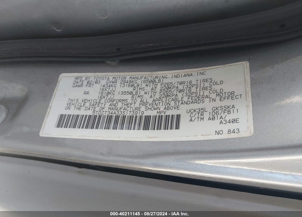 2003 TOYOTA SEQUOIA SR5 V8 VIN: 5TDZT34A33S173919