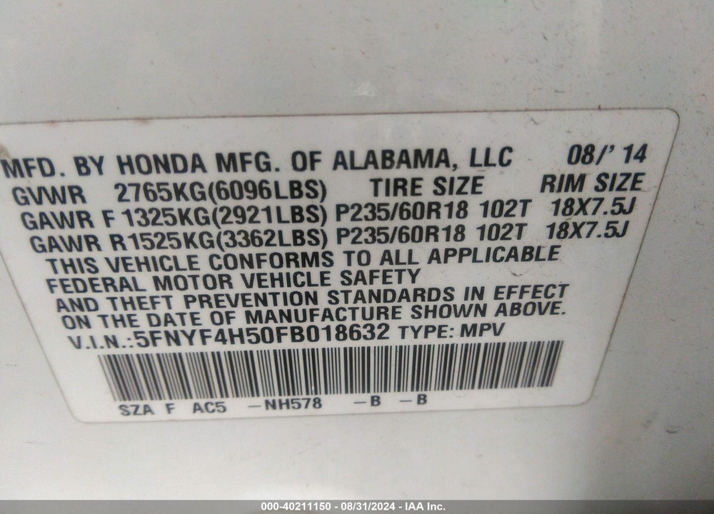 2015 HONDA PILOT EX-L VIN: 5FNYF4H50FB018632