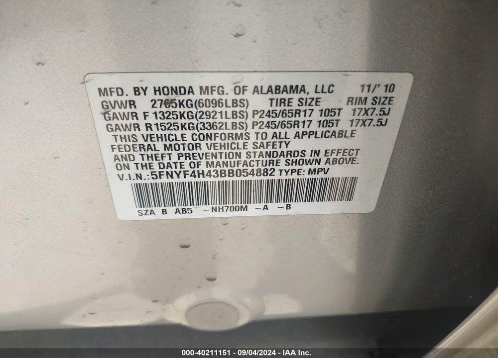 2011 HONDA PILOT EX VIN: 5FNYF4H43BB054882
